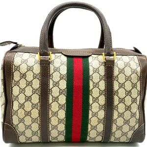 Auth Gucci GG Supreme Sherry Line
PVC Leather Beige Brown Boston Bag